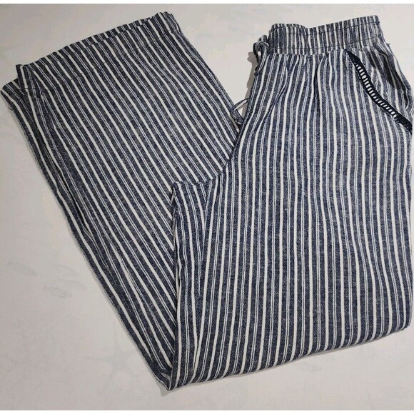 Briggs Womens Striped Pants Linen Blend‎ Elastic Waist Baggy Pull On Wide Leg  M - Picture 5 of 13